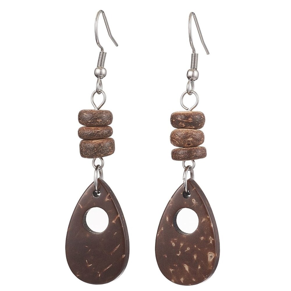 Teardrop Natural Coconut Dangle Earrings Stainless Steel Ear-hook  NWOT Handmade